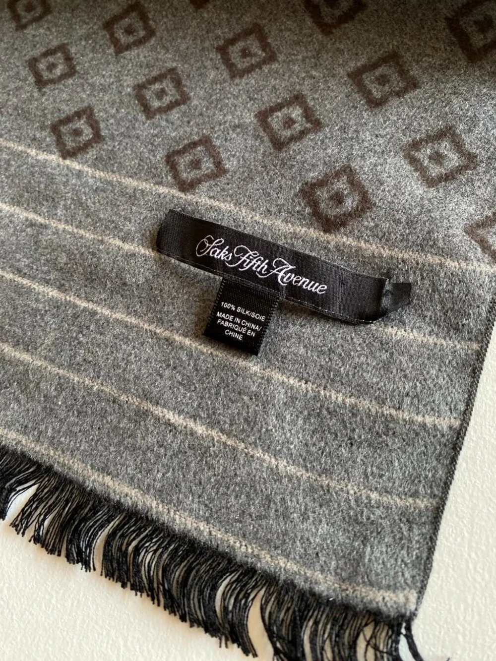 Saks Fifth Avenue 100% Silk Scarf Geometric Pattern Fringed Rectangle Gray